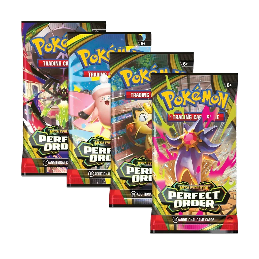 Sealed Pokémon TCG Mega Evolution Perfect Order booster pack featuring purple Mega Evolution Pokémon artwork